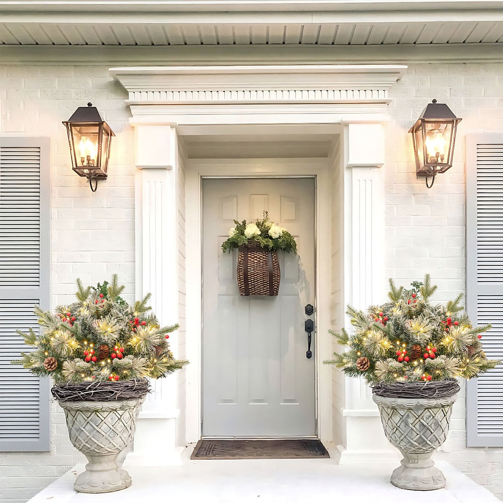 BINGTAOHU 2 Pcs Pre-lit Christmas Tree Outdoor Prelit Planter Bushes Christmas Tree Frosted Urn Filler Holiday Planter Filler Small with Warm LED Lights for Porch Pathway Front Door 23.62 In