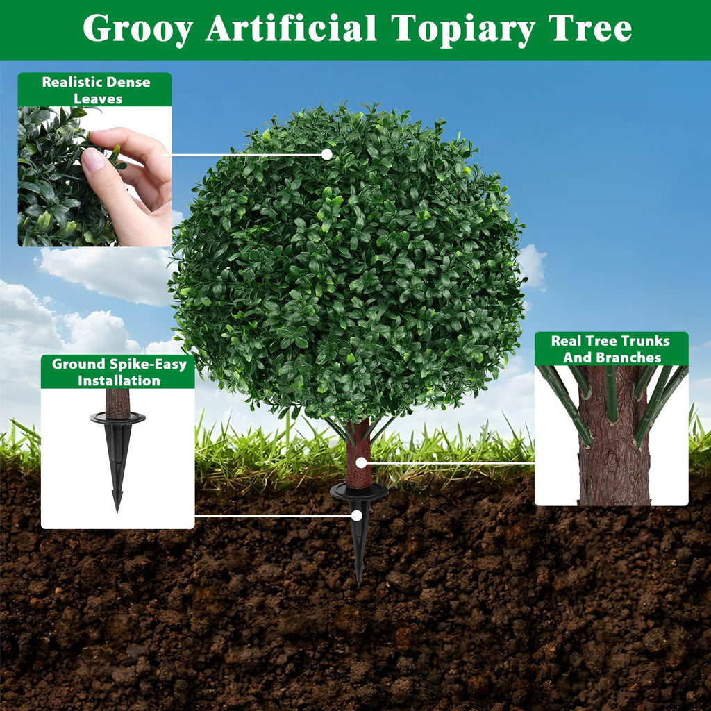 2 16in Artificial Boxwood Sphere Bushes - UV Resistant, with Stakes, Porch/Planter/Indoor Decor