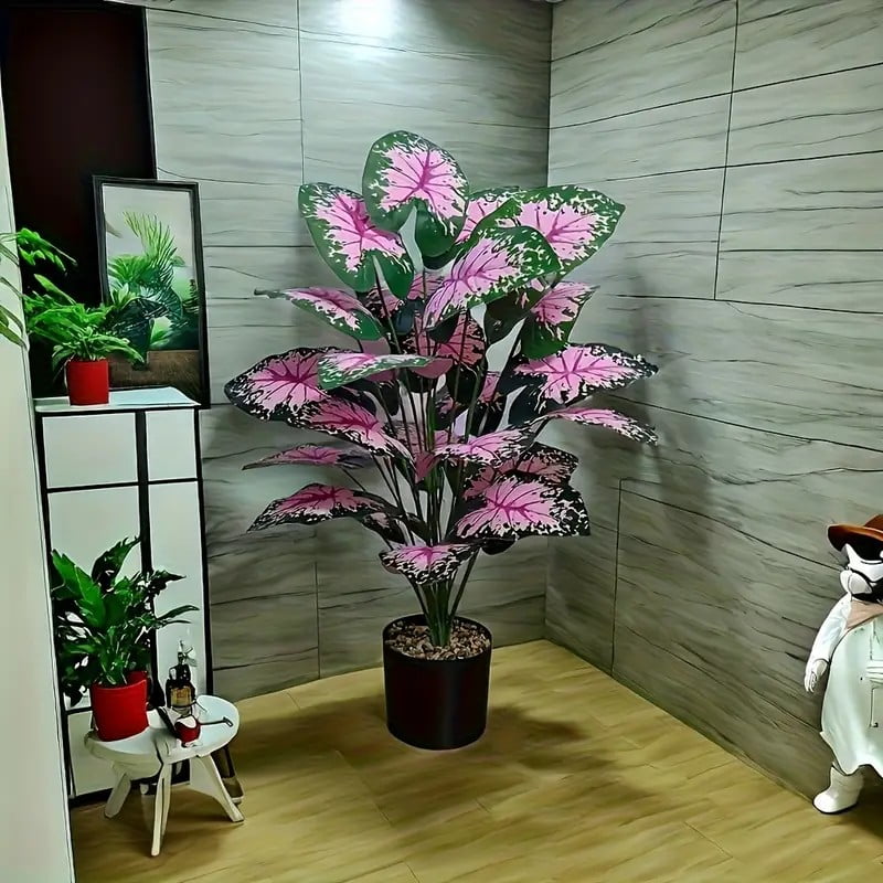 2-piece large artificial black rock plant with pink flowers and green leaves, suitable for indoor and outdoor home office wedding Christmas Easter Thanksgiving decoration (without pot)