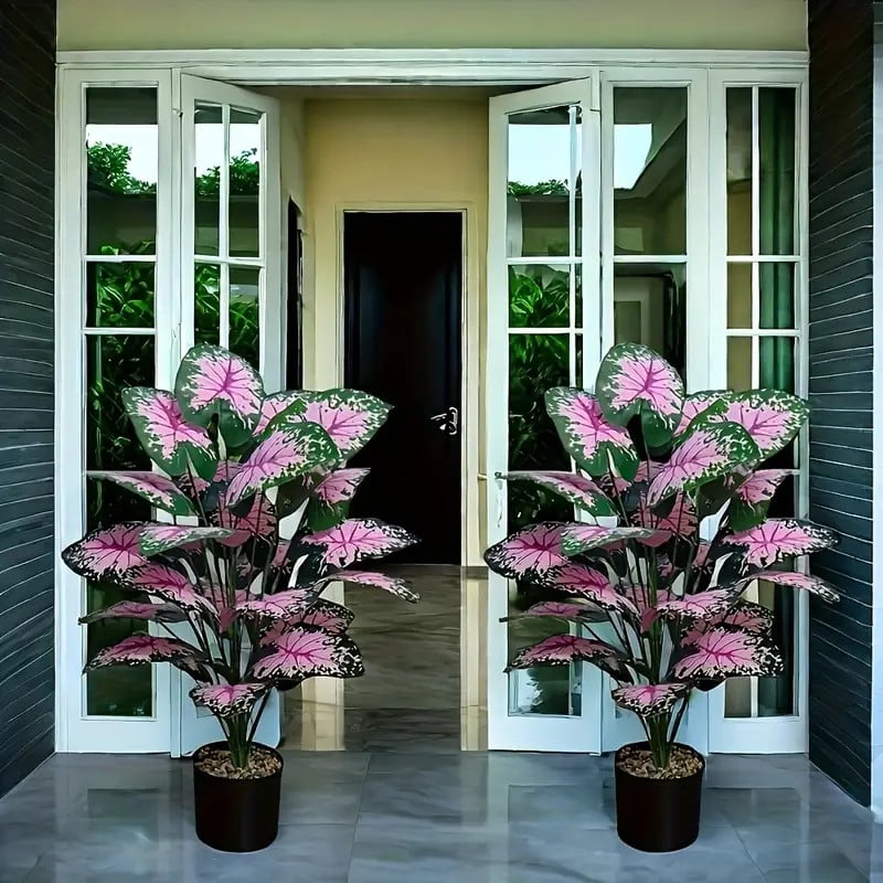 2-piece large artificial black rock plant with pink flowers and green leaves, suitable for indoor and outdoor home office wedding Christmas Easter Thanksgiving decoration (without pot)