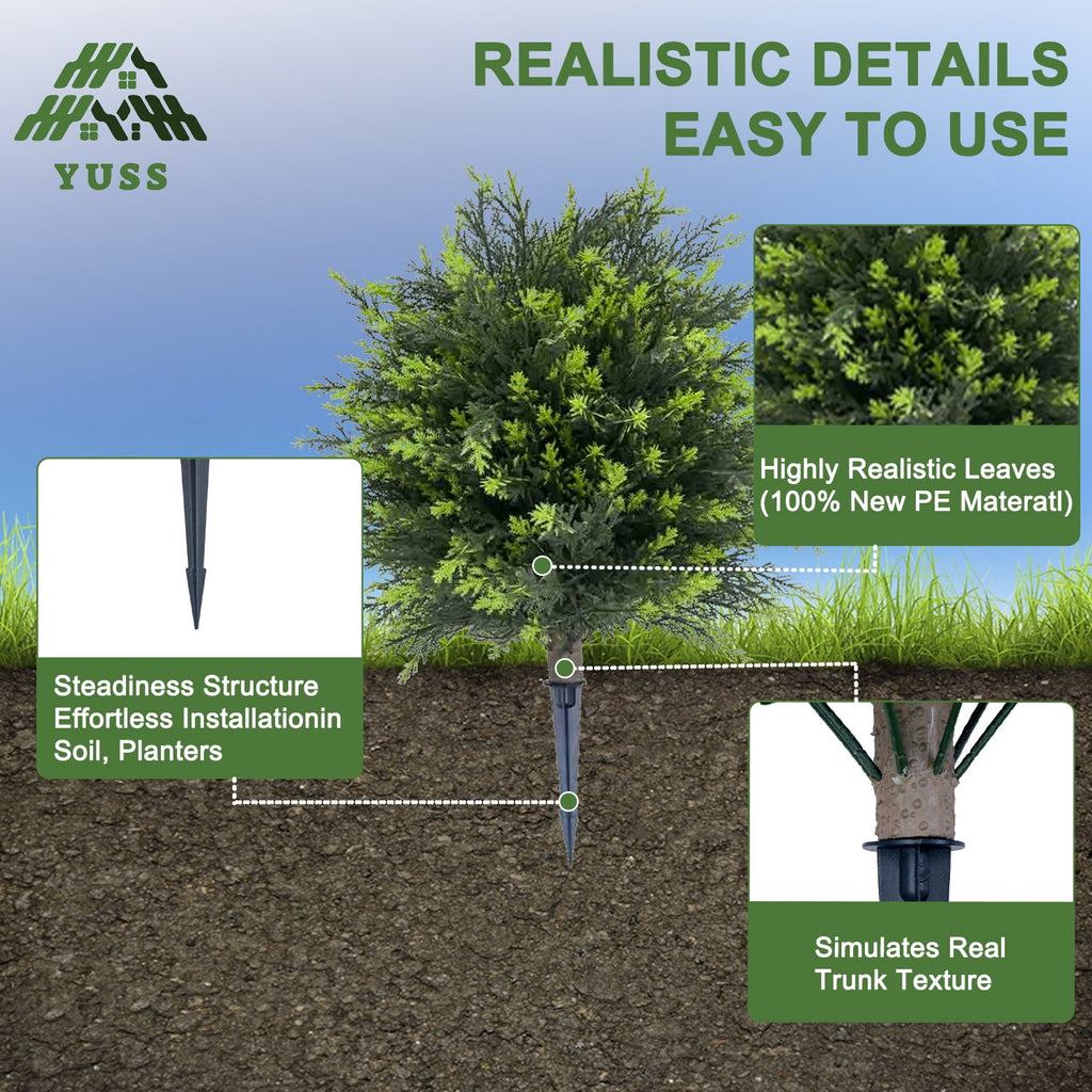 YUSS 21 inch Artificial Cypress Topiary Plants 2 Pack, Faux Cedar Bushes with Ground Spike UV Resistant, Outdoor Fake Shrubs for Front Porch Decor