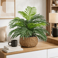 Artificial Plant, 14" Artificial Phoenix Palm in Low Round Handwoven Basket by LCG Florals, Faux Designer Fake Indoor Tabletop Plant for Living Room, Office, and Home Décor
