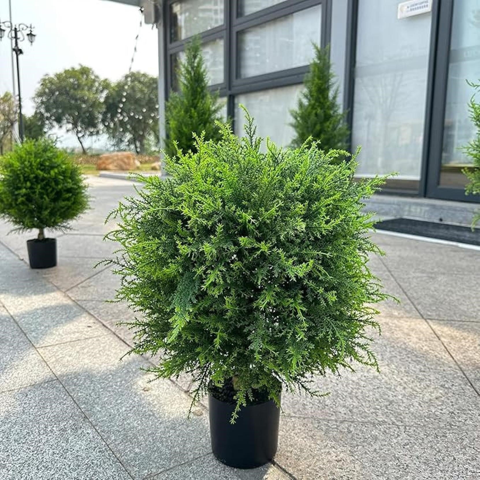 UV Resistant Artificial Cedar Topiary Ball Tree 25 Inch Fake Plants with Ground Spike Shrub Potted Artificial Plant for Outdoor Indoor Front Porch Garden