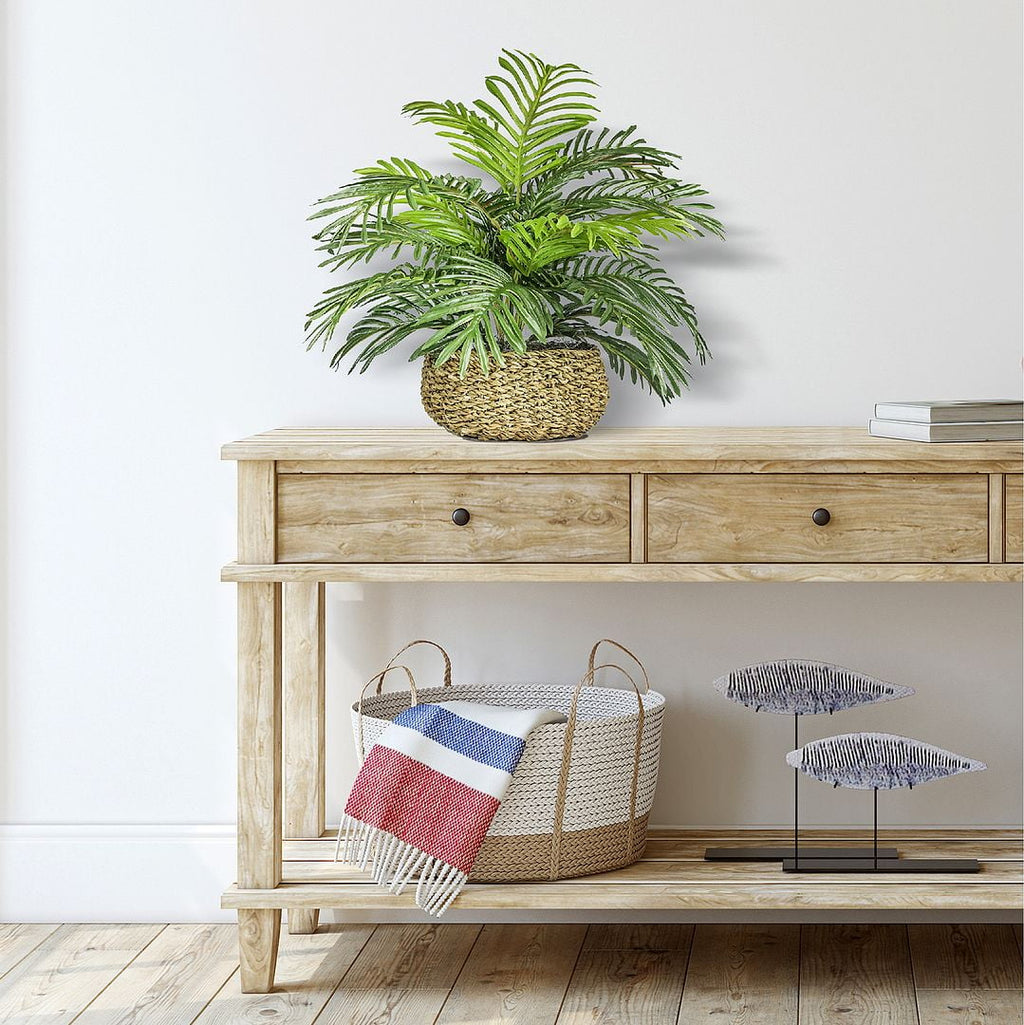 Artificial Plant, 14" Artificial Phoenix Palm in Low Round Handwoven Basket by LCG Florals, Faux Designer Fake Indoor Tabletop Plant for Living Room, Office, and Home Décor