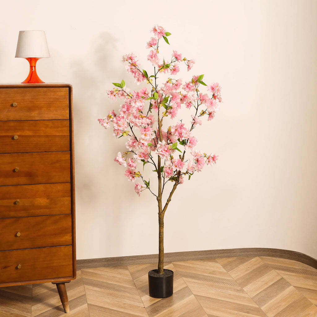 HiPlants 5ft Artificial Pink Cherry Blossom Tree in Black Pot, Faux Wishing Tree Indoor for Garden Office Party Wedding Hotel, Fake Plants for Office Home Decor