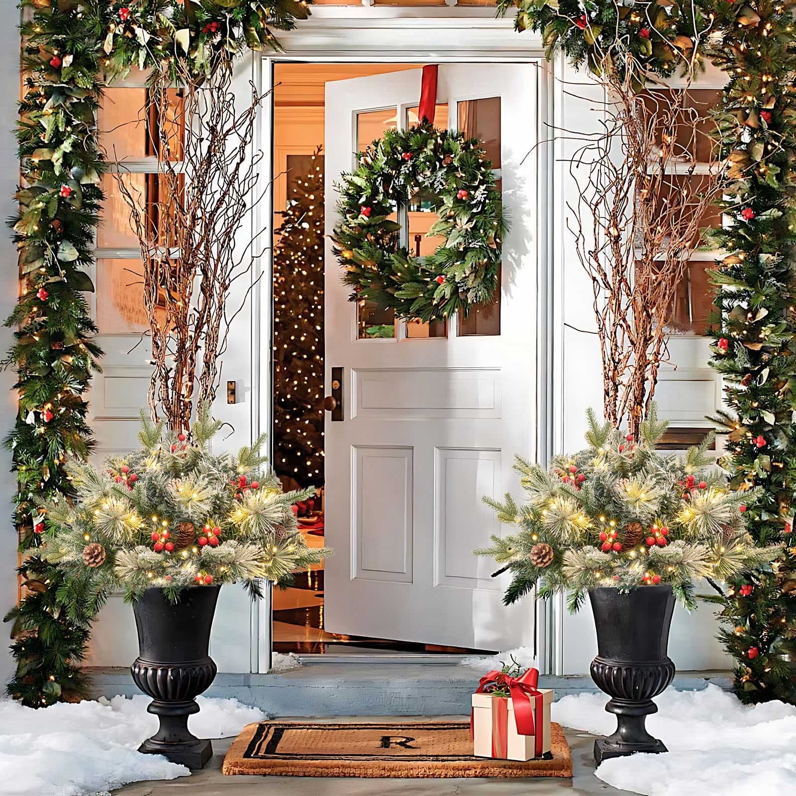 BINGTAOHU 2 Pcs Pre-lit Christmas Tree Outdoor Prelit Planter Bushes Christmas Tree Frosted Urn Filler Holiday Planter Filler Small with Warm LED Lights for Porch Pathway Front Door 23.62 In